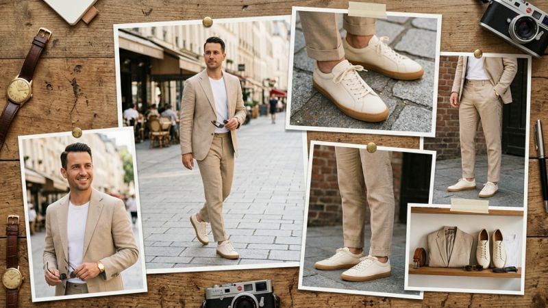 Elegantna muška kombinacija: bež odelo sa svetlim patikama za moderan gradski stil