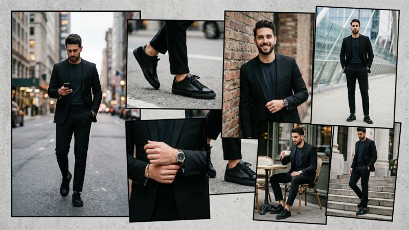 Muški outfit sa crnim odelom i patikama