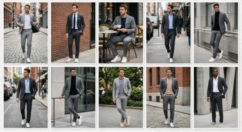 Muškarci u sivim odelima kombinovanim sa svetlim patikama