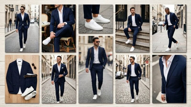 Teget muško odelo kombinovano sa belim patikama – elegantan i moderan smart casual stil