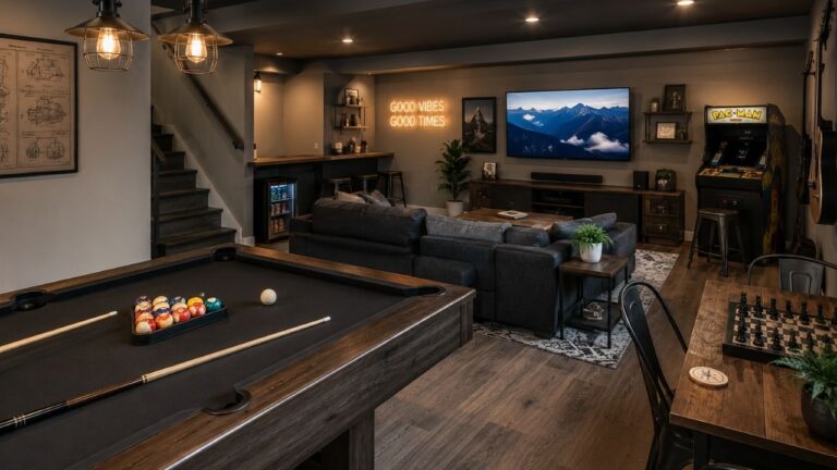 Man cave sa bilijarskim stolom, arkadnom konzolom, TV zonom i modernim podrumskim uređenjem sa toplim osvetljenjem.
