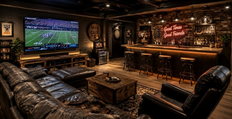 Man cave u podrumu sa kožnom garniturom, velikim televizorom, drvenim šankom i toplim ambijentalnim osvetljenjem za opuštenu atmosferu.