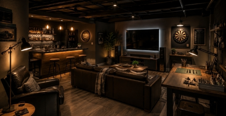 Man cave sa toplom ambijentalnom rasvetom, osvetljenim šankom, LED svetlom iza televizora i udobnim kutkom za opuštanje u podrumu.