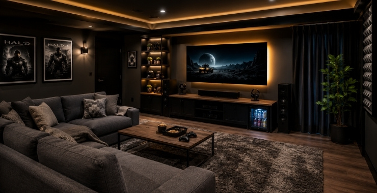 Man cave sa velikim televizorom, skrivenim kablovima, surround zvučnicima, mini frižiderom i toplim LED osvetljenjem u modernom podrumu.