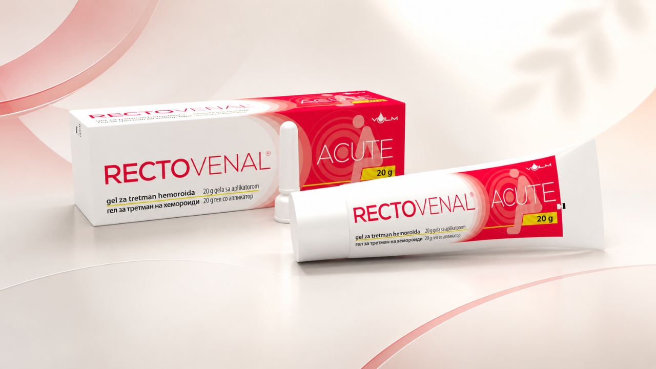 Rectovenal Acute gel sa aplikatorom prikazan je uz originalno pakovanje na svetloj crveno-beloj pozadini